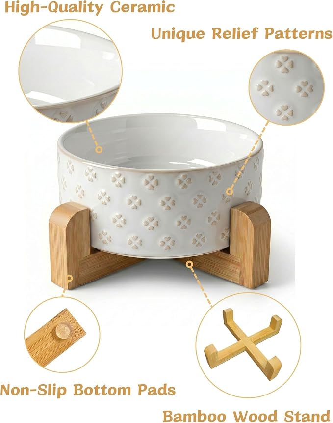 TRUVIC Ceramic Dog Bowl with Wood Stand, Jun Blanc Four-Leaf Clover Relief Dog Food and Water Bowl, 2 Cup/14 oz Puppy Food Bowl for Medium Dogs, Dishwasher Safe, Modern Geometric, Four-Leaf Clover
