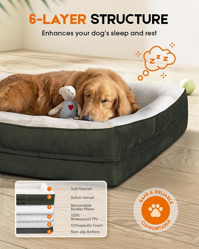 Upvilla Orthopedic Dog Bed, Four-Sided Small Dog Sofa, Washable Cover Green | Removable Waterproof Dog Bed Cover, Egg-Crate Orthopedic Foam, Built-In Carry Handle, Indoor Small Pet Beds, Cat Beds