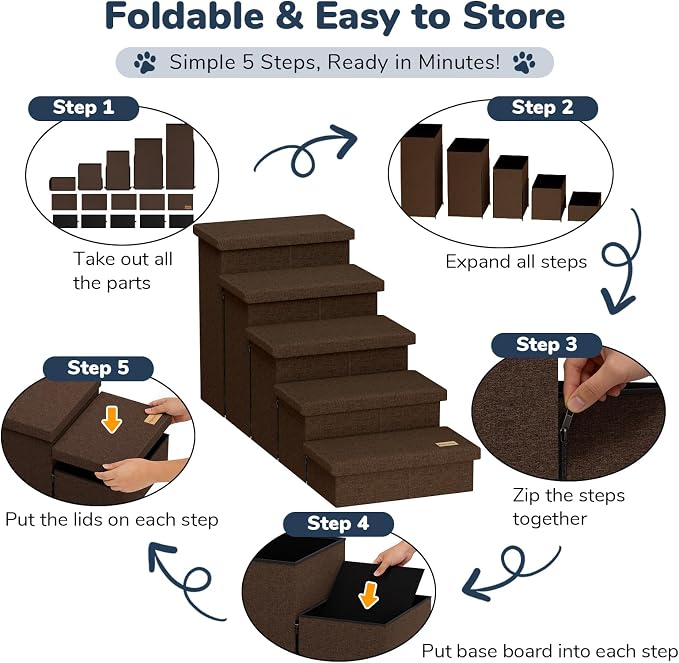 5-Step Wide Dog Stairs with Storage 23" H, Non-Slip Sturdy Pet Steps for High Bed Couch Window, Pet Stairs for Small/Medium/Large Old Dogs Cats Up to 260lbs, Cat Dog Steps for Car/SUV, Coffee