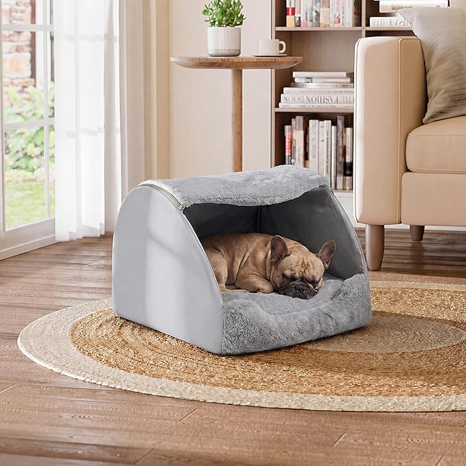 LATIBELL Indoor Puppy House Foldable Pet Tent Cave Bed ，Gray | Foldable Indoor Dog House With Removable Washable Soft Cushion, Covered Cave For Small Puppy
