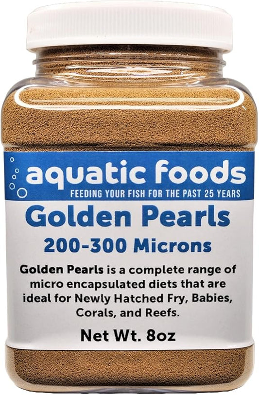 Aquatic Foods Inc. Golden Pearls 200-300 Micron Size for Fry, Babies of Shrimp, Axolotls, Discus, Cichlids, Catfish, Tetras, Angel Fish, Guppies, Bettas, Goldfish, Corals, Reefs …8oz Small Jar