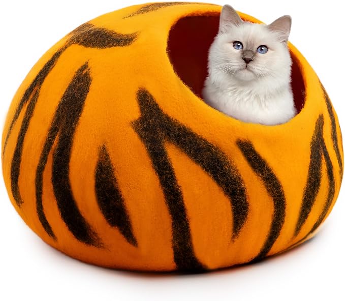 Luxurious Merino Wool Cat Cave - Foldable Hideaway Pod for Indoor Cats - Premium Felt Kitten Pet Enclosure - Covered Cat House for Ultimate Cozy Comfort by Woolygon (Tiger)