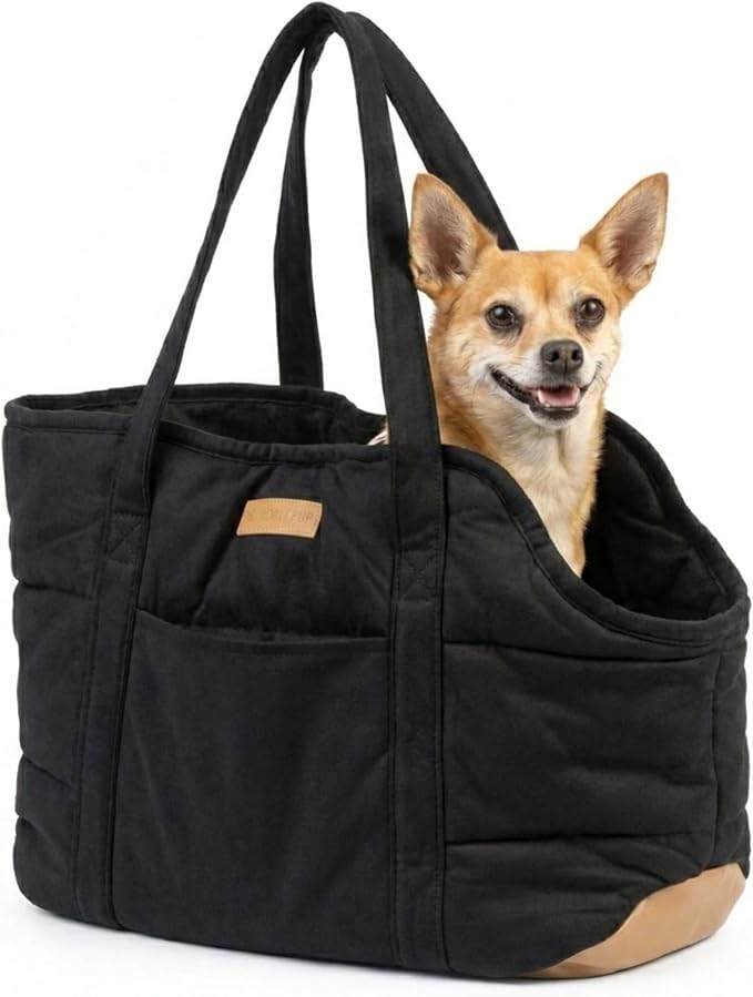 Plush Dog Purse Carrier for Small Dogs, Soft Tote Bag with Safety Harness Clip, Cozy Pet Carrier for Dogs Under 15 lbs, Comfortable Shoulder Carrier for Travel, Black 2.0