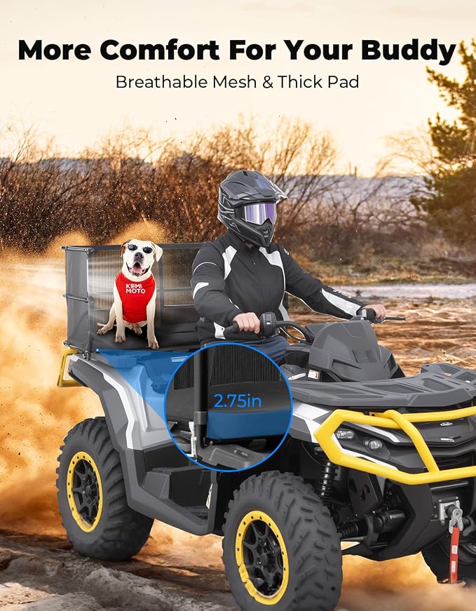 KEMIMOTO ATV Dog Carrier Seat, Heavy-Duty Four Wheeler Pet Seat | Wide 22-40mm Pipe Fit, 2.7" Breathable Comfort, 600D Wear & Water Resistance, Storage Pockets, with Dog Leash
