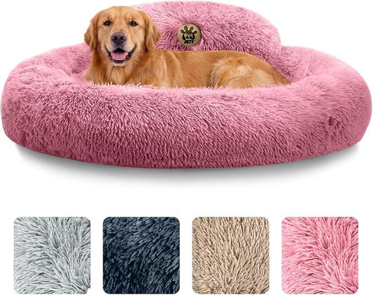 PetJett Large Dog Bed - 36'' Calming Donut Dog Beds, Anti-Slip & Washable Large Round Bed, Fluffy Faux Fur Pet Bed, Super Soft Anti-Anxiety Premium Comfort Bed, Fits Dogs up to 80 lbs - Pink