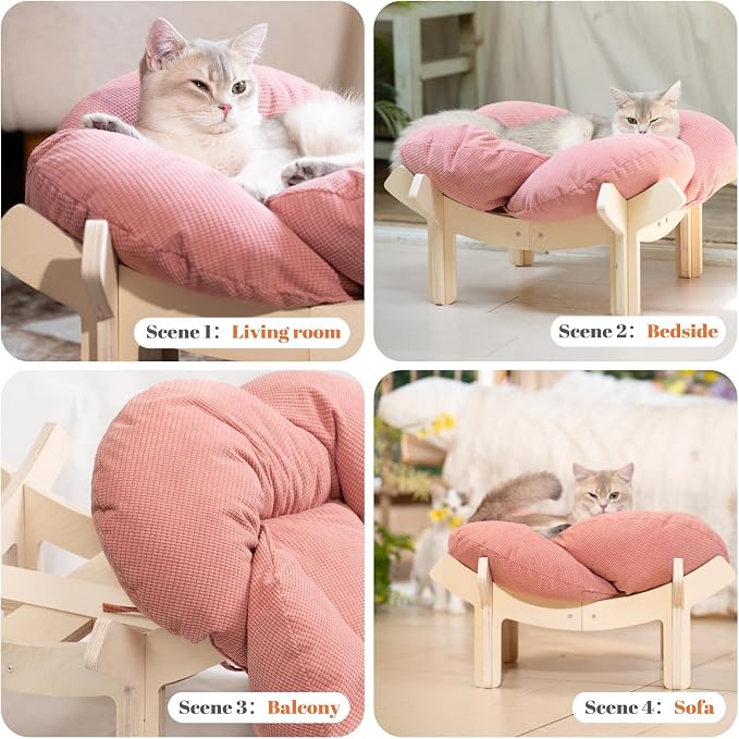 Elevated Cat Bed for Indoor Cats Couch Sofa Flower | Pet Beds with Soft Washable Cushion, Stable Wooden Frame, Raised Cat Hammock & Furniture for Kitty & Puppy All-Season(Pink)
