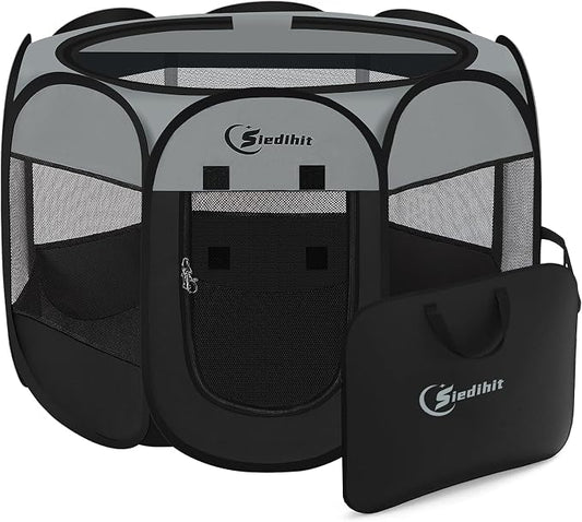 Siedihit Dark Grey Puppy Playpen for Large Dog Cat, Dogs Tent | Crates Cage Indoor/Outdoor, Portable Pop Up Dog Kennel with Carrying Bag for Rabbits(Dark Grey, Large )