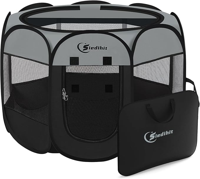 Siedihit Dark Grey Dog Cat Playpen, Puppy Pet Playpen, Small Dogs Tent | Crates Cage Indoor/Outdoor, Portable Pop Up Dog Kennel Playpen with Carrying Case for Dogs/Cats/Rabbits