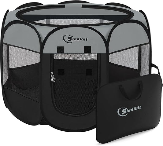 Siedihit Dark Grey Dog Cat Playpen, Puppy Pet Playpen, Small Dogs Tent | Crates Cage Indoor/Outdoor, Portable Pop Up Dog Kennel Playpen with Carrying Case for Dogs/Cats/Rabbits