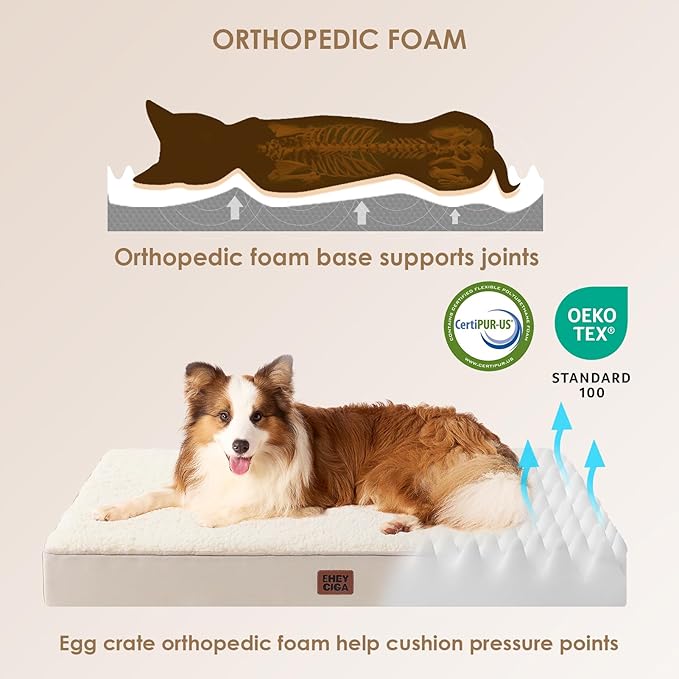 EHEYCIGA Orthopedic Dog Bed Large with Removable Washable Cover, 50IN Camel | Egg Crate Foam Support, Durable Oxford fabric, Non-Slip Bottom, Machine Washable, Soft Waterproof Plush Pet Bed Mat For Crate