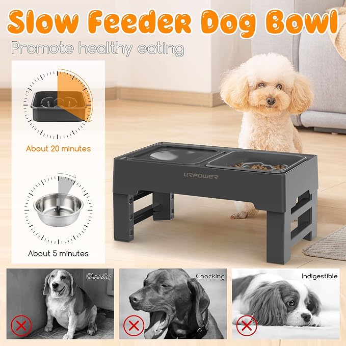 URPOWER 2-in-1 Elevated Slow Feeder Dog Bowls with No-Spill Water Bowl | 4 Height-Adjustable Raised Dog Bowls, Non-Slip Food and Water Bowls with Stand for Small, Medium, Large Dogs, Cats and Pets