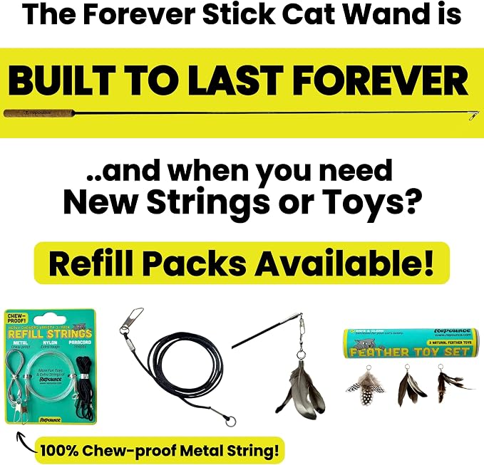 Forever Stick 1-Pack - The Unbreakable Cat Wand Toy, Durable Cat Toy Wand, Extra Long Cat String Toy, Cat Fishing Pole Toy for Bored Indoor Adult Cats, Cat Stick Toy, Cat Feather Wand, Cat Teaser Wand