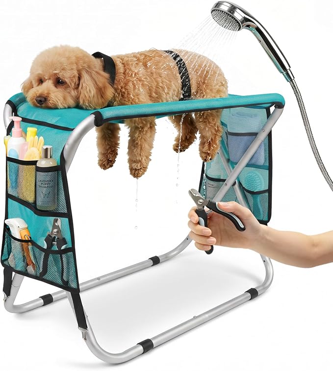 Dog Grooming Hammock with Stand, Dog Grooming Table for Senior Dogs Bath | 50 lbs Capacity, Ground Support Design, Heavy-Duty Aluminum Frame, Breathable Washable Mesh, Foldable Storage, Turquoise