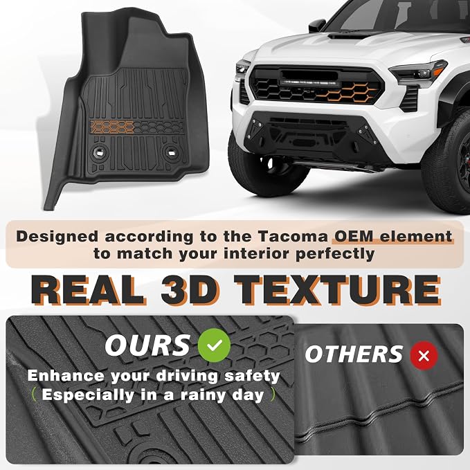 TripleAliners for Tacoma 2024 2025 2026 | Floor Mats First Row ONLY | for Double Cab & Access Cab All Weather Liners Compatible with 2024+ Toyota Tacoma Accessories (Fit Auto Trans), 2PC