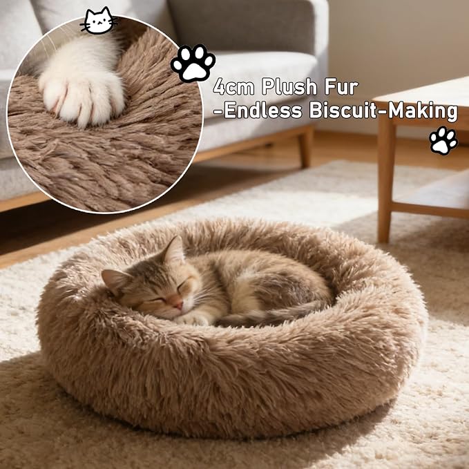 Calming Donut Dog Bed Medium Size Dog - Washable Removable Cover Non-Slip Bottom, Round Pet Bed Cat Bed Warming Fluffy Plush Faux Fur Anti-Anxiety, Fits up to 45 lbs (Camel, 30")