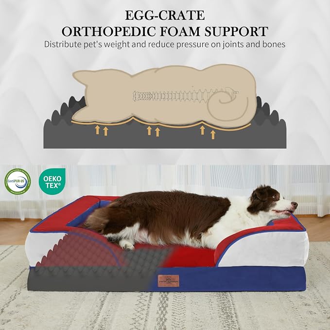 Comfort Expression Orthopedic Dog Bed for Extra Large Dogs with Bolster | Waterproof Dog Couch Bed with Washable Cover & Non-Slip Bottom, Supportive Egg Crate Foam XL Pet Bed, 45x35 Inch