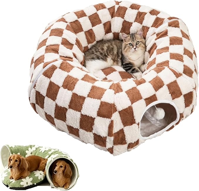 2026 New Tunnel Bed for Dachshund Dog,Dachshund Tunnel Bed - Flower Design Plush Foldable Dog Bed,Cat TunnelBed for Indoor Cats Tunnel Donut with Cushion and Play Ball,2 in 1,Detachable (E)