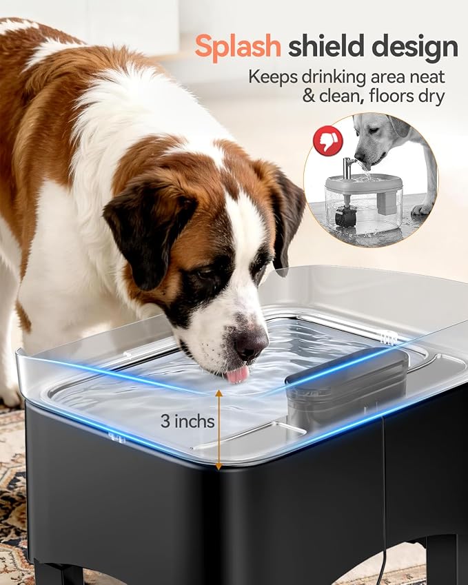 UPSKY 11L Elevated No-Spill Dog Water Fountain with 4 Adjustable Heights | Large Dog Water Dispenser, No-Splash, 304 Stainless Steel Tray, 5-Layer Filtration, for Large/Senior Dogs & Multi-pet Home