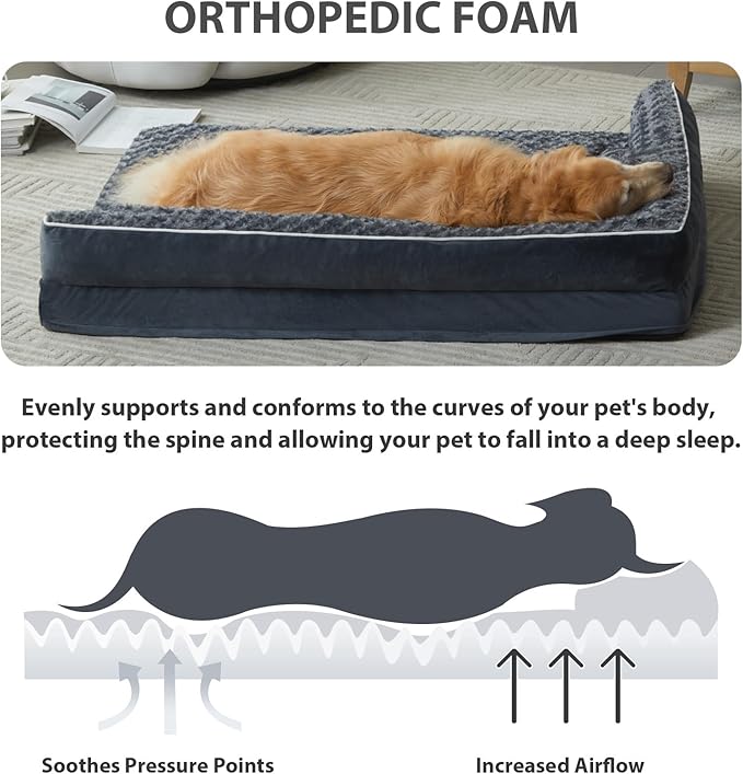 BFPETHOME Orthopedic Washable Dog Bed, Sleeping Couch for Large Senior Dogs | Deluxe Plush Rose Velvet Washable Cover, Egg Crate Foam Support, Waterproof Lining, Non-Slip Bottom, Senior Dogs
