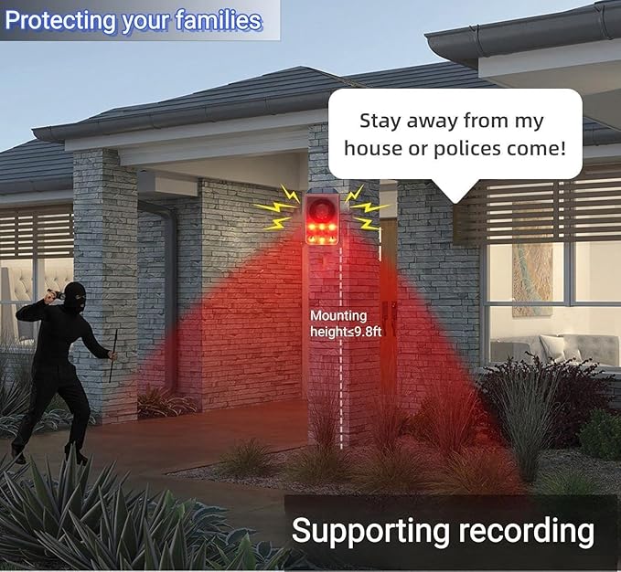 HULPPRE 2pack Solar Outdoor Motion Sensor Alarm-Dog Barking or Gunshot Sound,Support Recording&±Volume,130db Loud Noise Maker,3 Work Modes Strobe Light with USB,Say Goodbye to The Intruders