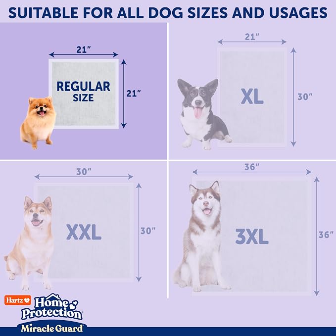Hartz Miracle Guard Dog and Puppy Dog Pads Max Absorbency 24 Hour Use Odor Eliminating Lavender Scented No Leaks, Regular Size 25 Count