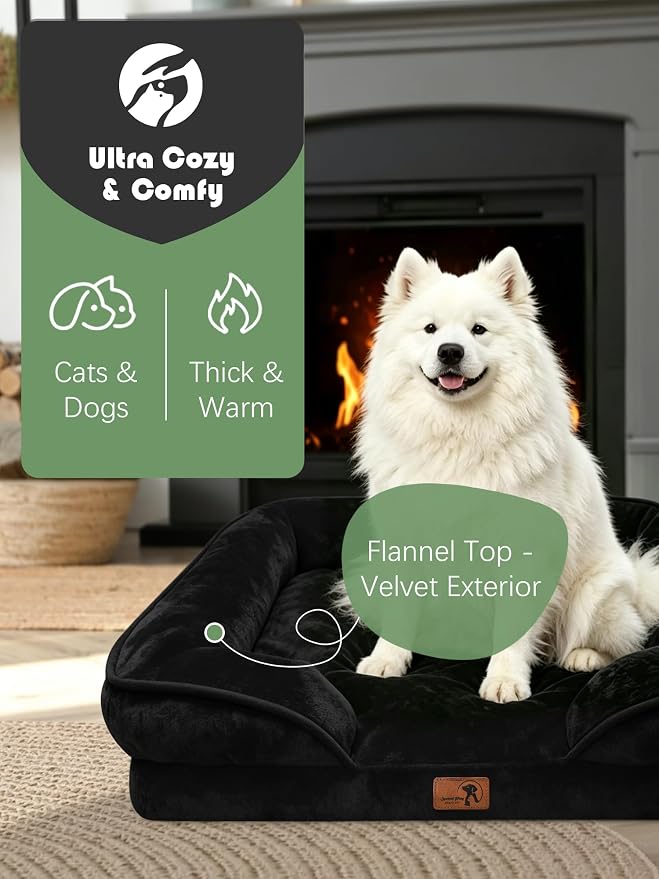Spotted Play Orthopedic Dog Bed with Sides - Sofa Beds for Large Dogs, Supportive Foam Pet Couch Bed with Washable Removable Cover, Waterproof Lining and Non-Slip Bottom, Black - L-Plus