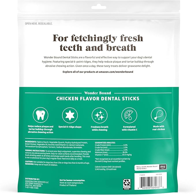 Wonder Bound Chicken Flavor Dental Sticks for Tiny Dogs (5-20 lbs), 6-Ridge Shape for Plaque & Tartar Control, Freshens Breath, Made With Real Chicken, 108 Count