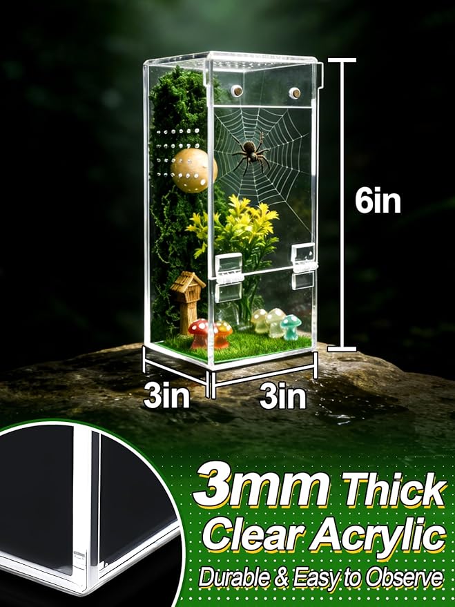 Escape Proof Jumping Spider Enclosure Kit - 3x3x6in Pre-Assembled Acrylic Terrarium with Magnetic Door/Micro Vent Holes/Accessories, Insects Habitat for Spiderlings, Mantis, Tarantulas, Snails