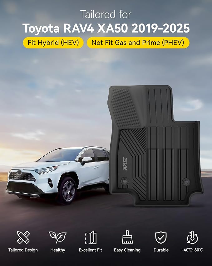 3W Floor Mats for Toyota RAV4 2019-2025, TPE All-Weather Custom Fit | Fits RAV4 Hybrid, Premium TPE, easy to clean, raised edges trap water & dirt, perfect all-season protection