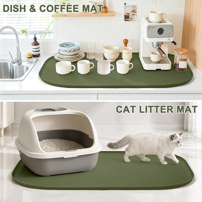 SMILOOL Waterproof Silicone Pet Food Mat with Raised Edge for Dog & Cat | 36" x 24" Non-Slip Large Pet Feeding Mats with Lip for Food & Water Bowl, Food Grade, Easy Cleaning, Light Olive Green