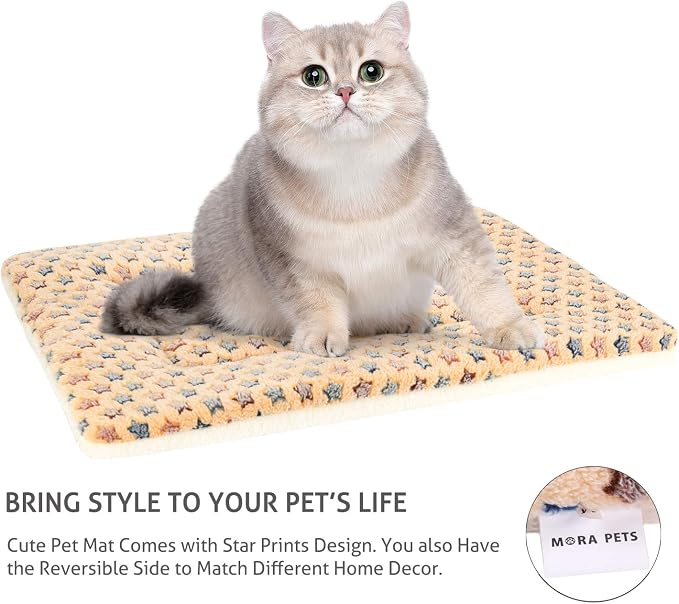 Mora Pets Cat Bed Ultra Soft Dog Crate Pad Star Print 14 x 17.5 inch Brown | Washable Crate Mat for Small Dogs and Indoor Cats, Reversible Fleece Dog Kennel Pad, Flat Pet Bed, Cat Carrier Mat