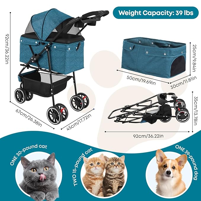 Pet Stroller,Dog Stroller for Small Medium Dogs Cats,3 Wheels,Green | Foldable,with Breathable Mesh Canopy,Cup Holders,Easy Assembly