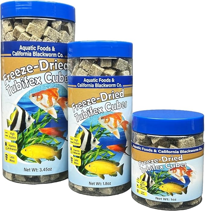 Aquatic Foods Inc. Tubifex Worms, Freeze Dried Tubifex Worm Cubes for Cichlids, Discus, Bettas, Marine Fish, Goldfish, Tropical Fish, 4-Type Wafer Mix & 12-Type Pellet Mix Included..1.80oz Canister