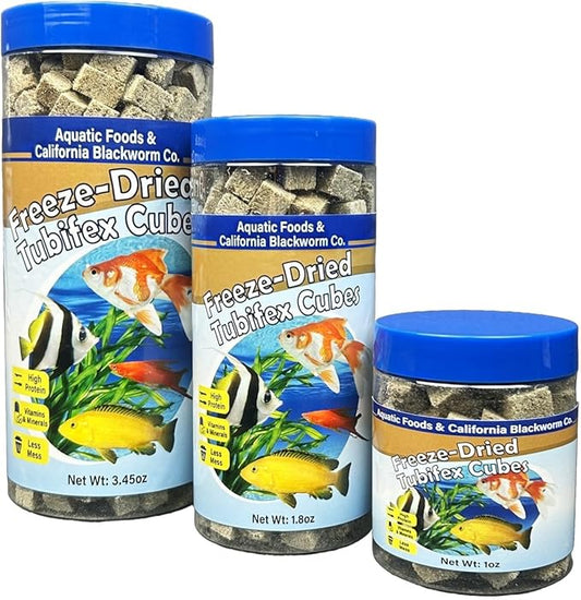 Aquatic Foods Inc. Tubifex Worms, Freeze Dried Tubifex Worm Cubes for Cichlids, Discus, Bettas, Marine Fish, Goldfish, Tropical Fish, 4-Type Wafer Mix & 12-Type Pellet Mix Included..1.80oz Canister