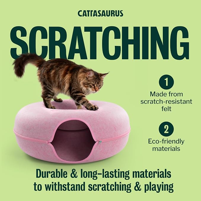 Peekaboo Cat Cave Donut for Multiple & Large Cats up to 30-45 lbs, 3-in-1 Self Warming Cat Bed, Tunnel & Scratcher for Indoor Cats, Washable & Detachable Small Dog Bed (Pink, Jumbo)