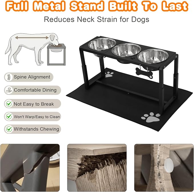 Metal Elevated Dog Bowls for Medium/Large Breed, 3 Adjustable Height(8.8''/11.5''/14'') Raised Dog Bowls Stand with Three 58oz Large Stainless Steel Dog Bowls, with The Splash pad