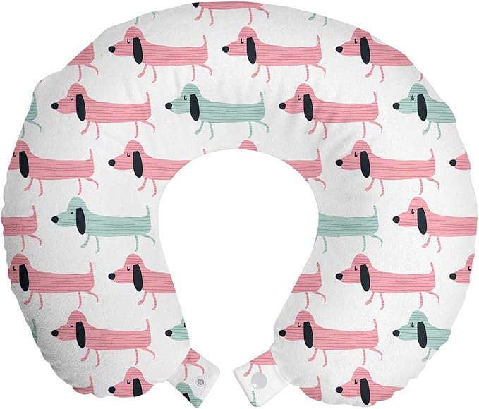Ambesonne Dachshund Travel Pillow Neck Rest, Pattern with Funny Cartoon Sausage Dogs, Memory Foam Traveling Accessory for Airplane and Car, 12", Seafoam Pink