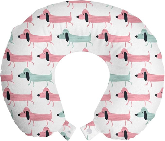 Ambesonne Dachshund Travel Pillow Neck Rest, Pattern with Funny Cartoon Sausage Dogs, Memory Foam Traveling Accessory for Airplane and Car, 12", Seafoam Pink