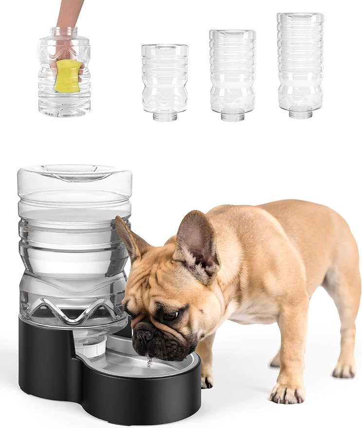 Heouvo 1.7 Gallon Automatic Dog Water Dispenser (6.5L-Black) | Wide Mouth, Easy Clean/ Removable Stainless Steel Bowl/ Gravity Refilling, Large Capacity for Cats and Small Medinum Dogs