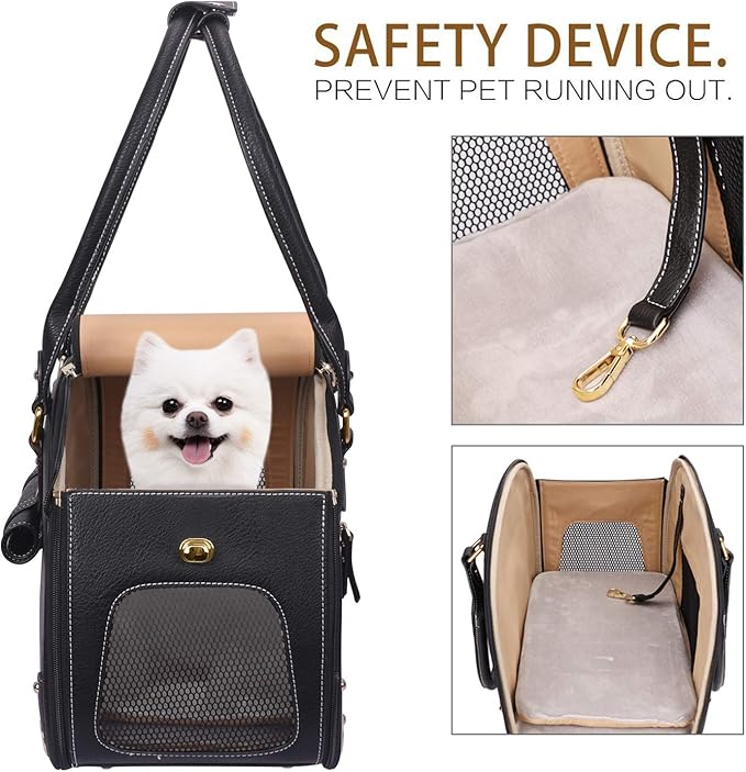 Dog Carrier Purse, Pet Carrier, Foldable Waterproof Premium PU Leather Pet Travel Portable Bag Carrier for Cat and Small Dog Home & Outdoor Small Black