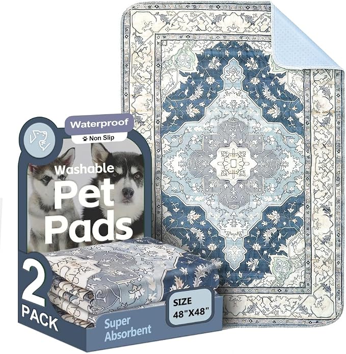 Washable Pee Pads for Dogs, 2 Pack Reusable Puppy Training Pads 48"x48" Super Absorbent Waterproof Dog Training Pads, Non-Slip Potty Pads, Whelping Pads Litter Mat Navy & Ecru