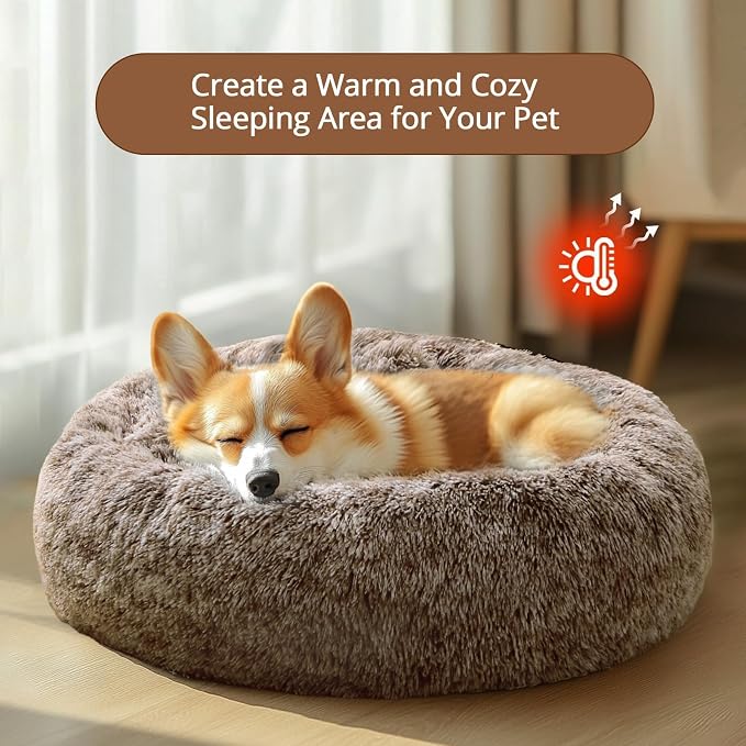 JOLLYVOGUE Calming Dog Beds Large Sized Dog, 36in Donut Washable Large Pet Bed, Anti-Slip & Anti-Anxiety Fluffy Faux Fur Round Dogs Bed, Fits up to 80 lbs Pets (Smoke Brown)