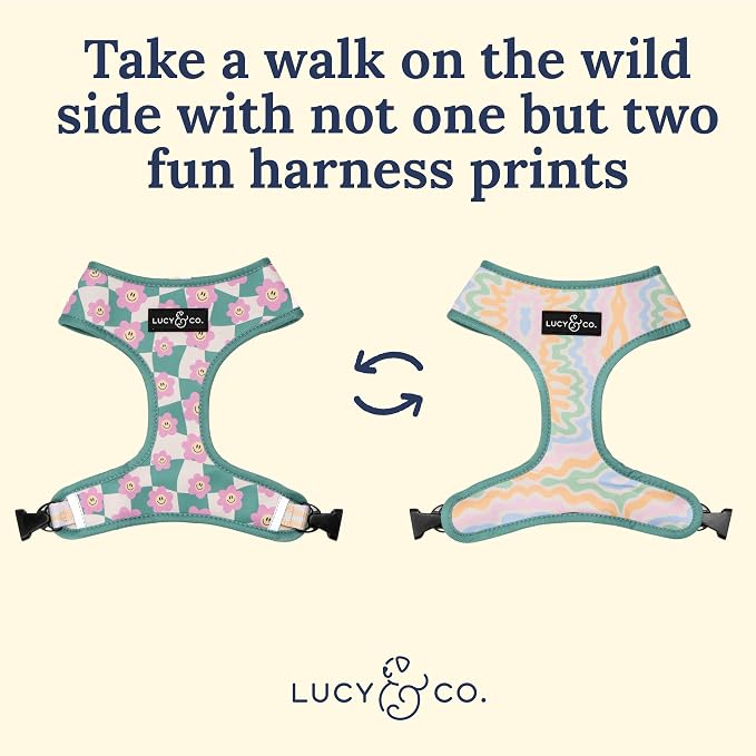 Lucy & Co. Reversible Dog Harness - Water-Repellent Neoprene, Dual-Print Design, Easy Swap Style, Adjustable Comfort Fit - Just Chill Reversible Harness - X-Large