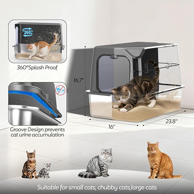 WoofiGo Enclosed Stainless Steel Cat Litter Box with Lid, XL Extra Large Litter Box for Big Cats, Metal Litter Pan High Sided, Never Absorbs Odors, Anti-Urine Leakage, Include Scoop (Dark Grey)