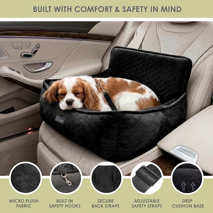 NANDOG Luxury Dog Car Seat Bed for Medium Dogs, Micro Plush Pet Seat with Removable & Washable Cushion Insert, Thick Safety Seatbelt Straps, Secure Travel Carrier, Charcoal Dark Grey, 22" L x 18" W