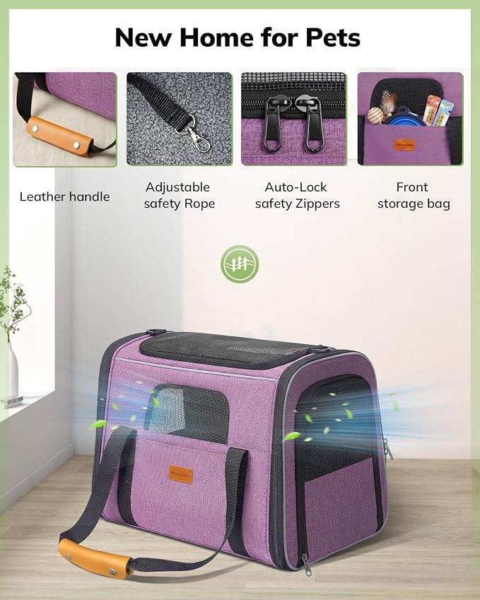 Morpilot Pet Travel Carrier Bag, Soft-Sided Dog Carrier Cat Carrier Pet Carrier, for Large Cats and Medium Puppies up to 25lbs, with Locking Safety Zippers, Foldable Bowl (Purple)
