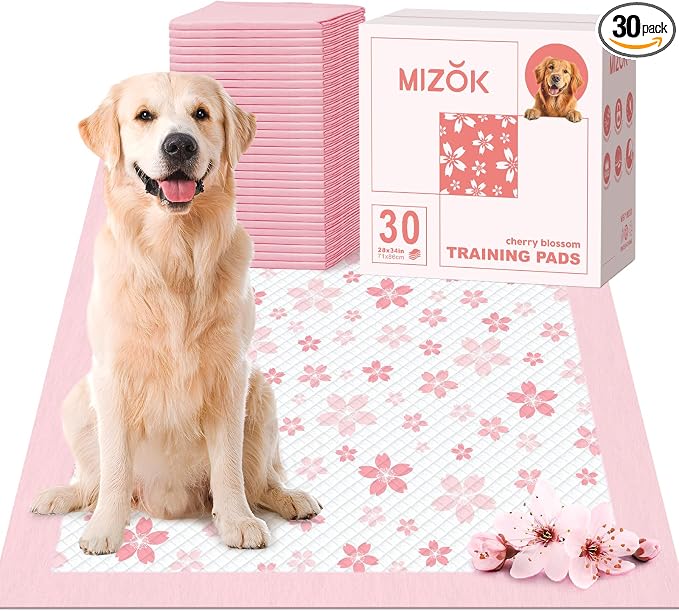 MIZOK Pink Puppy Pads with Adhesive Tabs Disposable Pee Pads 28x34in 30Ct | Heavy Duty Floor Protection Super Absorbent Large Pet Training Pads Use Sticky Bottom Strips to Keep Indoor Areas Mess Free