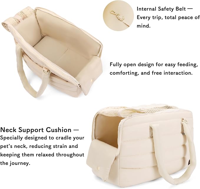 Dog Purse Carrier for Small Dog Cat Rabbit up to 13 lbs, Lightweight Portable Soft Sided Pet Purses, Quilted Puffy Tote Puppy Carrier with Large Pockets for Hiking, Travel, Vet Beige