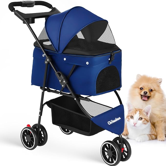 Pet Stroller,Dog Stroller for Small Medium Dogs Cats,3 Wheels,Navy Blue | Foldable,with Breathable Mesh Canopy,Cup Holders,Easy Assembly
