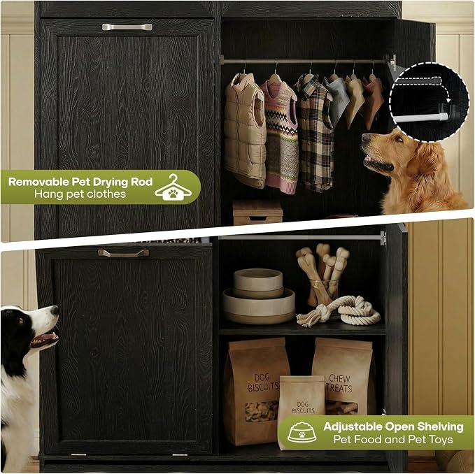 Furnaza Pet Feeding Station with 4 Bowls,Dual Doors Dog Cabinet Storage | Black 39.7"W Dual Doors Pet feeding station with storage for dogs and cats, Pet Food Storage for Kitchen, Living Room